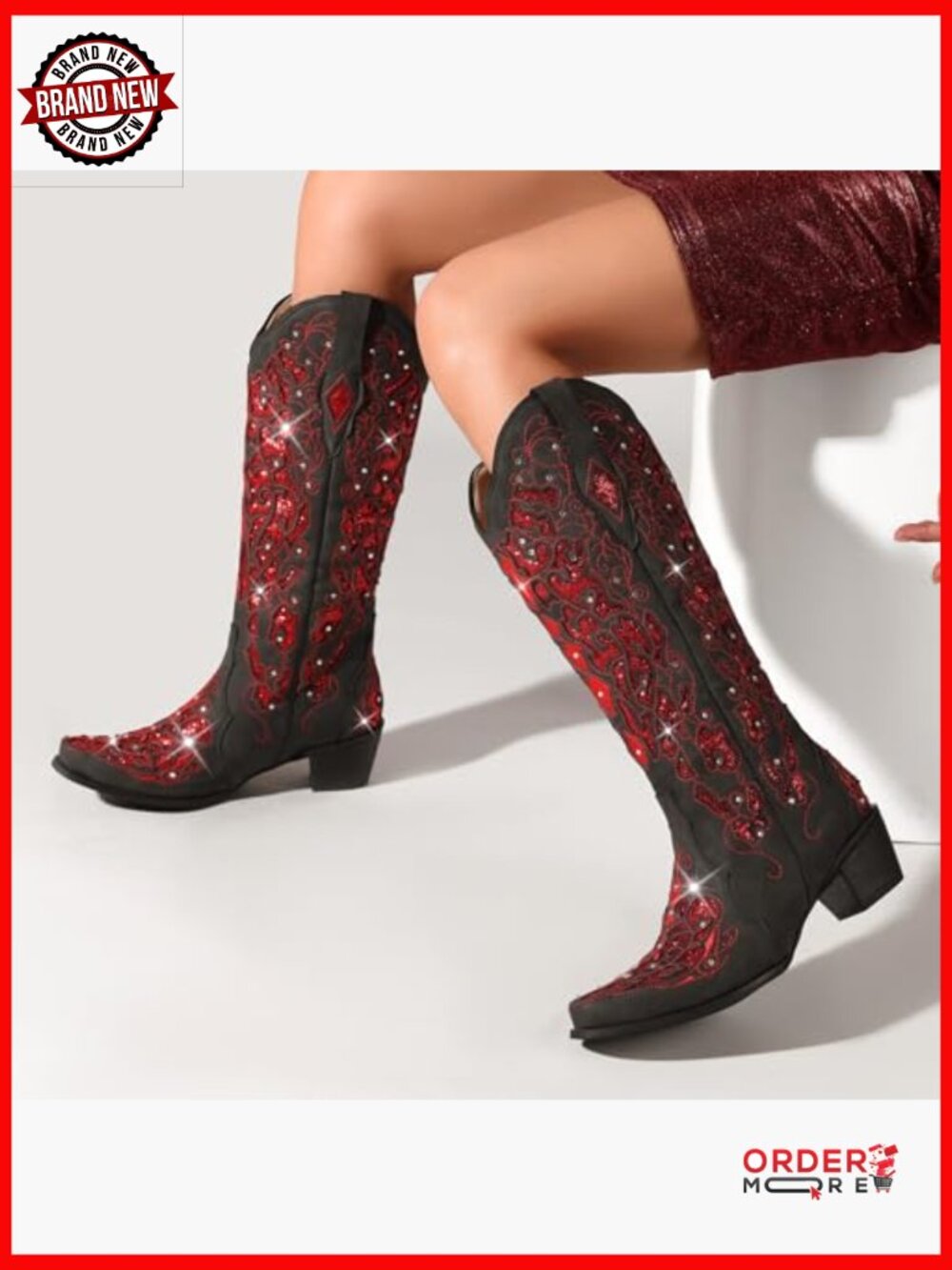 Mid Calf Cowboy Boots Rhinestone Glitter Chunky Heel Western Boots - Picture 2 of 6